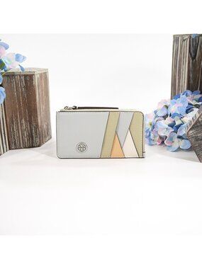Tory Burch Feather Gray Robinson Patchwork Color Block Card Case Mini Wallet NWT